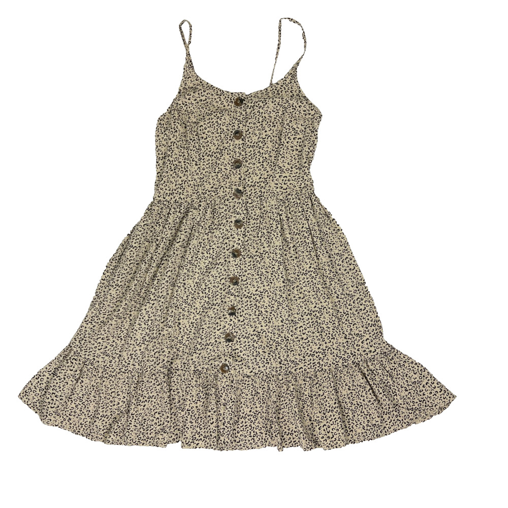 Japna Dress Spaghetti Strap Pockets Ruffle Beige Black Animal Print Size Small